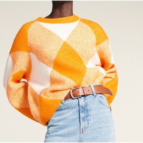 Zara Sweaters - ZARA Argyle Jacquard Knit Sweater Yellow Orange White Plaid Size Small Soft Cozy